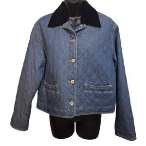 Vintage Jacket Med/Large Quilted Denim Cropped 1980s Liz Wear Velvet Neckline